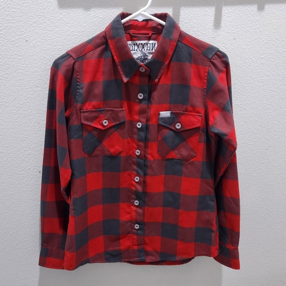 DIXXON Women's Flannel Shirt Fifty Fifty Button Down L/S Red Buffalo Plaid Small - Picture 2 of 8